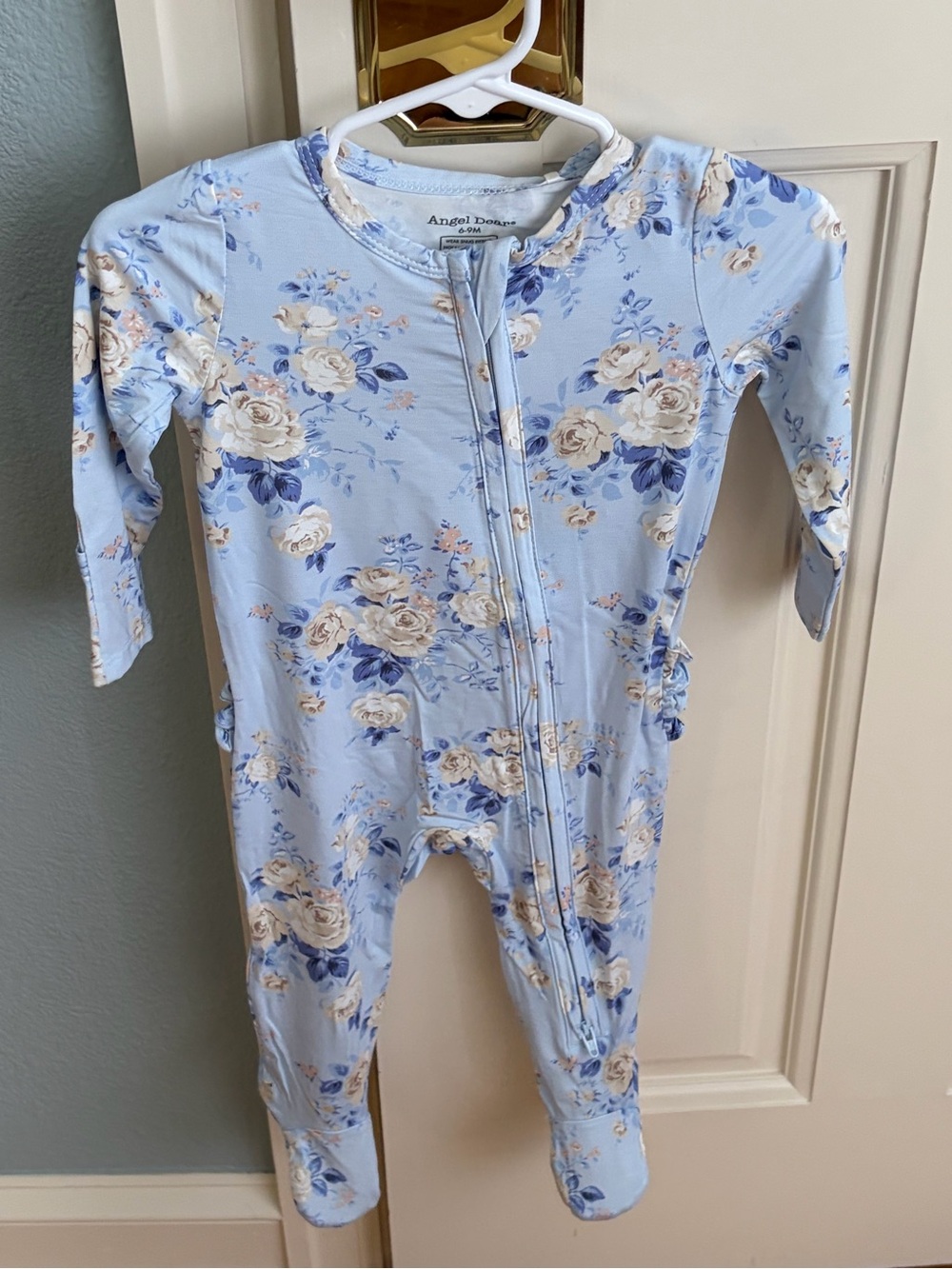 NWT Angel Dear Bamboo Light Blue Rose Floral Ruffle Back Footed One-Piece Pajama